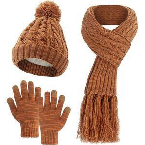 Women Winter Beanie Hat Scarf and Touchscreen Gloves Set Warm Knitted Pom Cap